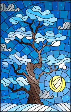 Vitray tarzı ile kış ağaç üzerinde güneş ve kar ile gökyüzü arka plan illüstrasyon