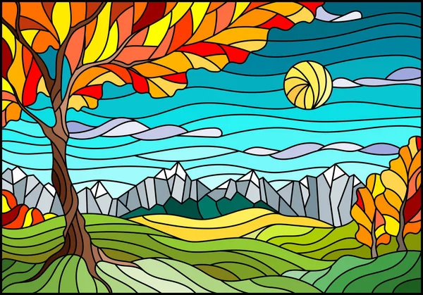 Ilustracja Stylu Witrażu Jesień Krajobraz Drzewa Krajobraz Górski Słoneczne Niebo — Wektor stockowy