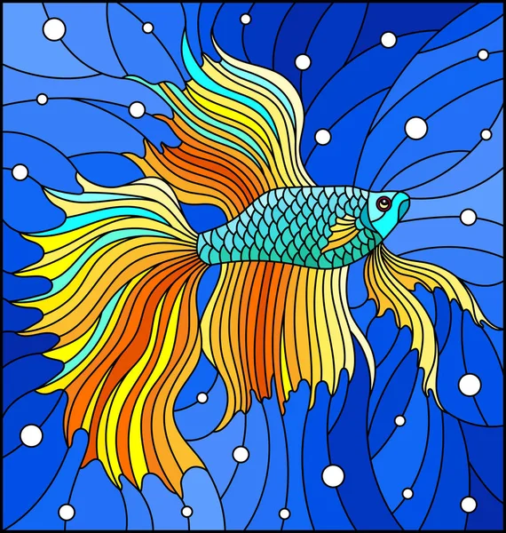 Ilustración Estilo Vitral Con Peces Combate Amarillos Fondo Burbujas Agua — Vector de stock