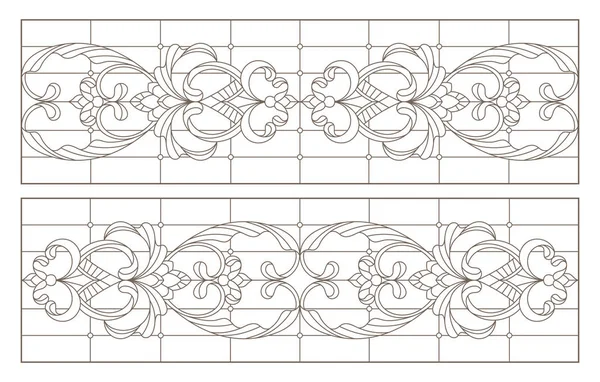 Definir Ilustrações Contorno Vitrais Com Redemoinhos Abstratos Flores Orientação Horizontal — Vetor de Stock