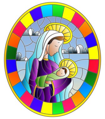Vitray stil İncille tema, İsa bebek Mary ile görüntü parlak çerçeve içinde yuvarlak bulutlar gökyüzü zemin üzerine soyut resimler üzerinde resimde