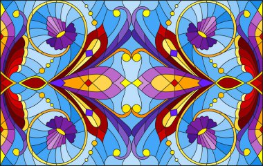 Mavi arka planda soyut girdaplar, çiçekler ve yapraklar ile boyalı cam tarzında resim, yatay yönelim