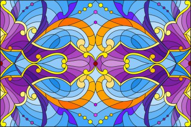 Mavi arka planda soyut girdaplar, çiçekler ve yapraklar ile boyalı cam tarzında resim, yatay yönelim