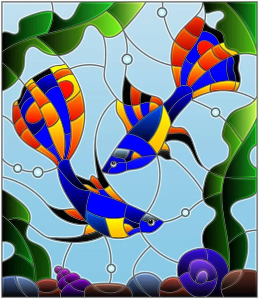 水和海藻在彩色玻璃风格配一对孔雀鱼的背景图 — 图库矢量图片