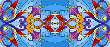 Mavi arka planda soyut girdaplar, çiçekler ve yapraklar ile boyalı cam tarzında resim, yatay yönelim