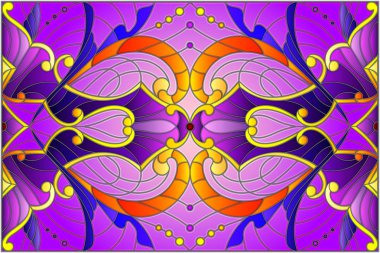İllüstrasyon soyut swirls, vitray tarzında çiçekler ve yatay yönlendirme, mor bir arka plan bırakır
