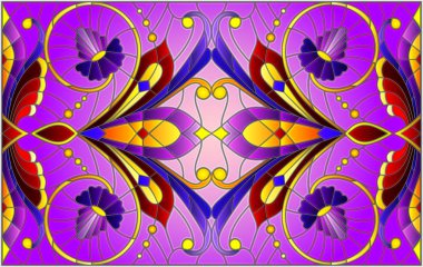 İllüstrasyon soyut swirls, vitray tarzında çiçekler ve yatay yönlendirme, mor bir arka plan bırakır