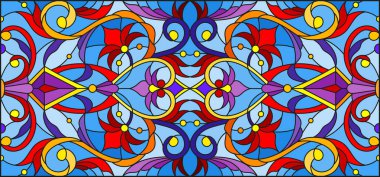 Mavi arka planda soyut girdaplar, çiçekler ve yapraklar ile boyalı cam tarzında resim, yatay yönelim