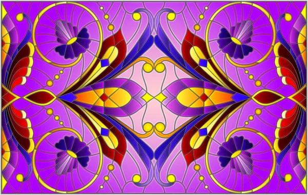 Ilustração Estilo Vitral Com Redemoinhos Abstratos Flores Folhas Fundo Roxo — Vetor de Stock