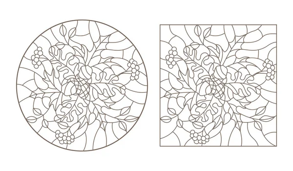 Una Serie Illustrazioni Contorno Vetrate Con Composizioni Foglie Contorni Scuri — Vettoriale Stock