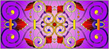 İllüstrasyon soyut swirls, vitray tarzında çiçekler ve yatay yönlendirme, mor bir arka plan bırakır