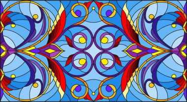 Mavi arka planda soyut girdaplar, çiçekler ve yapraklar ile boyalı cam tarzında resim, yatay yönelim