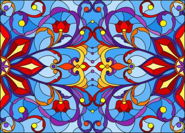 Mavi arka planda soyut girdaplar, çiçekler ve yapraklar ile boyalı cam tarzında resim, yatay yönelim