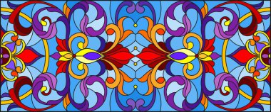 Mavi arka planda soyut girdaplar, çiçekler ve yapraklar ile boyalı cam tarzında resim, yatay yönelim