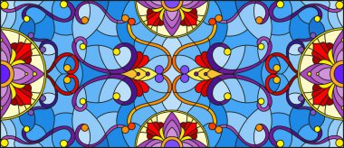 Mavi arka planda soyut girdaplar, çiçekler ve yapraklar ile boyalı cam tarzında resim, yatay yönelim