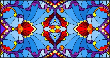 Mavi arka planda soyut girdaplar, çiçekler ve yapraklar ile boyalı cam tarzında resim, yatay yönelim