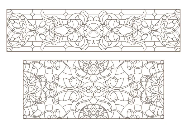 Conjunto Ilustraciones Contorno Vidrieras Con Remolinos Abstractos Flores Orientación Horizontal — Vector de stock