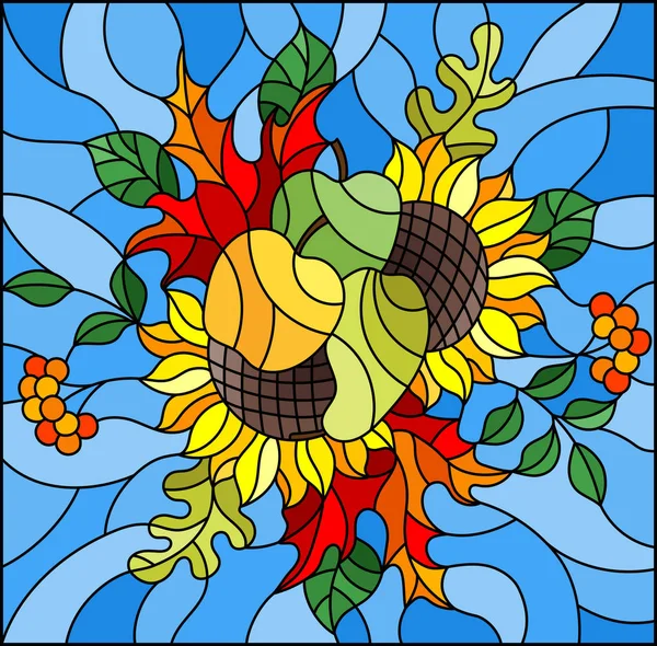 Illustratie Gebrandschilderd Glas Stijl Met Herfst Samenstelling Heldere Bladeren Bloemen — Stockvector