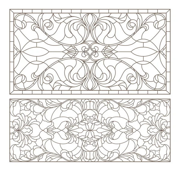 Conjunto Ilustraciones Contorno Vidrieras Con Remolinos Abstractos Flores Orientación Horizontal — Vector de stock