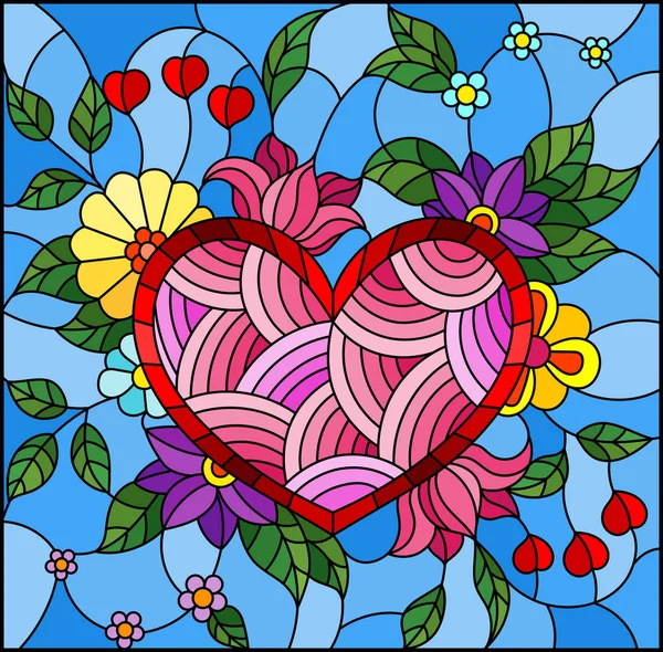 Illustrazione Stile Vetrate Con Cuore Astratto Fiori Sfondo Blu — Vettoriale Stock