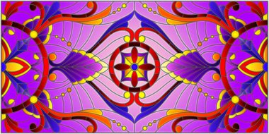 İllüstrasyon soyut swirls, vitray tarzında çiçekler ve yatay yönlendirme, mor bir arka plan bırakır