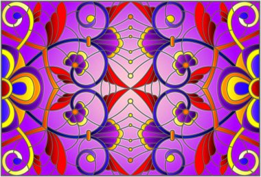 İllüstrasyon soyut swirls, vitray tarzında çiçekler ve yatay yönlendirme, mor bir arka plan bırakır