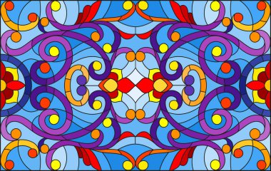 Mavi arka planda soyut girdaplar, çiçekler ve yapraklar ile boyalı cam tarzında resim, yatay yönelim