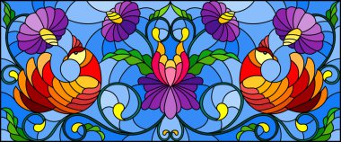 Resimde vitray tarzı ile a çift-in soyut kırmızı kuş, mor çiçekler ve mavi arka plan, yatay resim üzerinde desenler