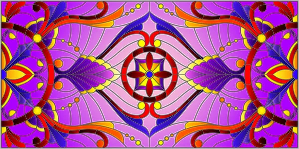 Illustration Vitrail Avec Tourbillons Abstraits Fleurs Feuilles Sur Fond Violet — Image vectorielle