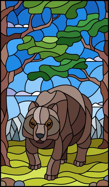 Ilustración Estilo Vitral Con Oso Salvaje Sobre Fondo Árboles Montañas — Vector de stock