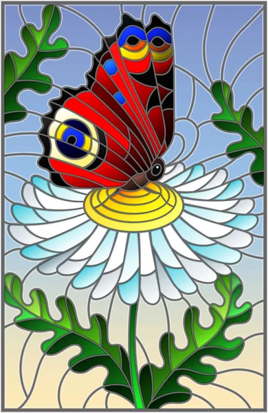 Ilustração Estilo Vitral Com Uma Flor Camomila Branca Borboleta Brilhante — Vetor de Stock