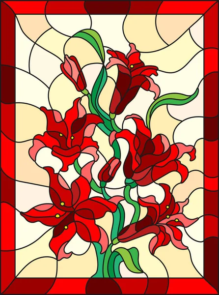 Ilustracja w stylu witrażu z odgałęzieniem czerwony Lilie na jasnym tle, obraz pionowy w jasnej ramki — Wektor stockowy