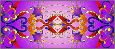 İllüstrasyon soyut swirls, vitray tarzında çiçekler ve yatay yönlendirme, mor bir arka plan bırakır