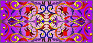 İllüstrasyon soyut swirls, vitray tarzında çiçekler ve yatay yönlendirme, mor bir arka plan bırakır