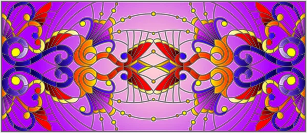 İllüstrasyon soyut swirls, vitray tarzında çiçekler ve yatay yönlendirme, mor bir arka plan bırakır