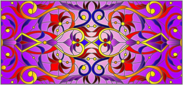 Ілюстрація Вітражному Стилі Абстрактними Гойдалками Квітами Листям Фіолетовому Фоні Горизонтальна — стоковий вектор