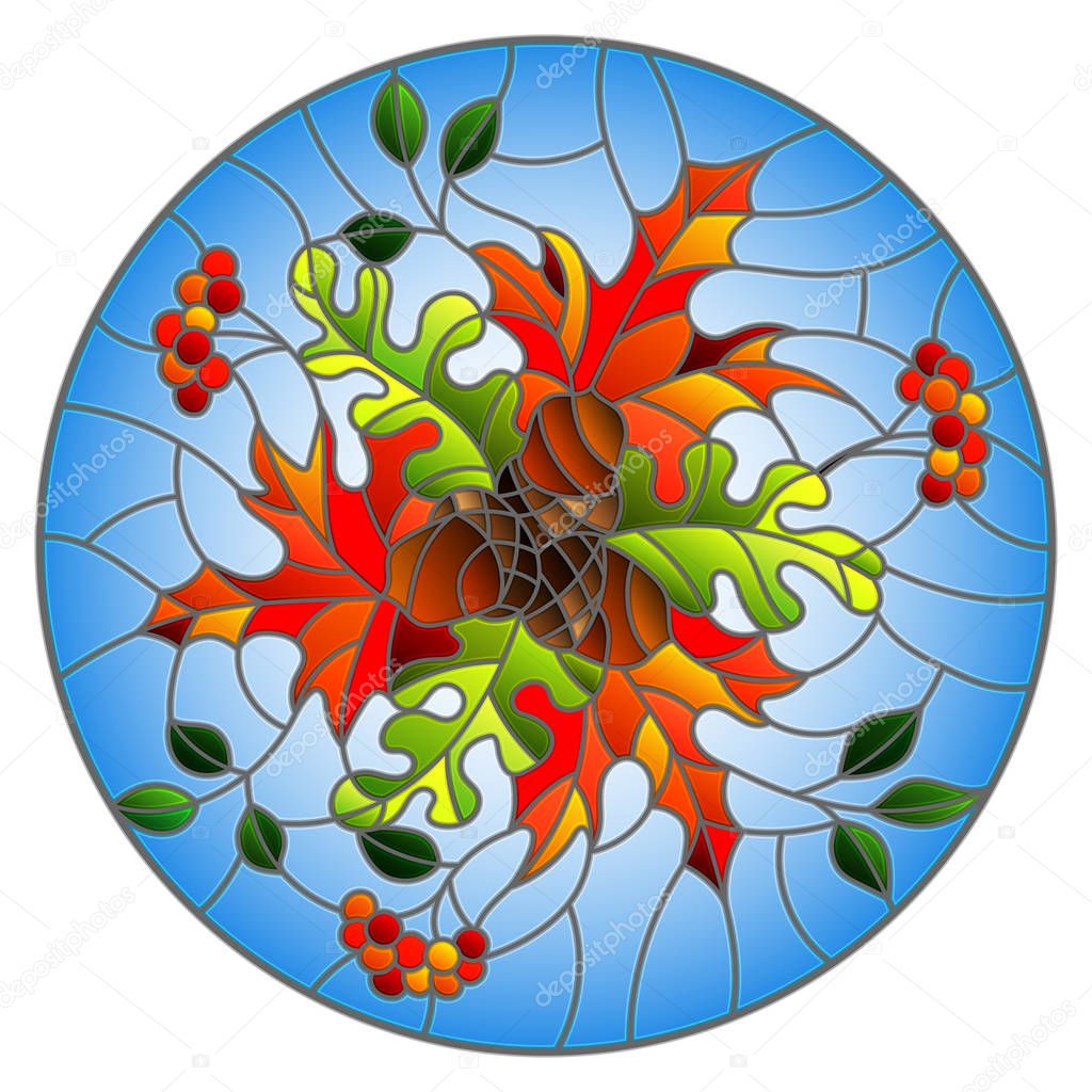 Illustration in stained glass style with autumn composition, bright leaves and fruits on blue background, round image