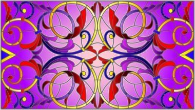 İllüstrasyon soyut swirls, vitray tarzında çiçekler ve yatay yönlendirme, mor bir arka plan bırakır