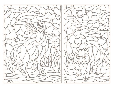 Set of contour illustrations of stained glass with a bear and deer on forest landscape background, dark outlines on white background clipart