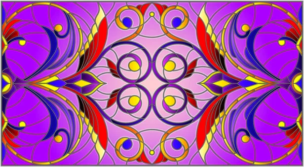 Ilustracja Stylu Witrażu Swirls Streszczenie Kwiatów Liści Fioletowym Tle Orientacja — Wektor stockowy