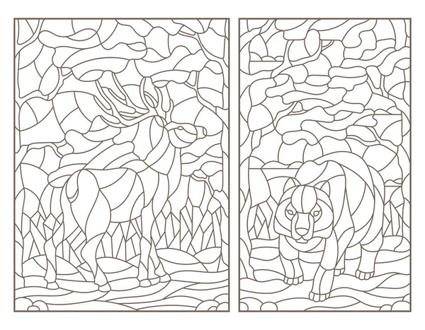 Set Van Contour Illustraties Van Gebrandschilderd Glas Met Een Beer — Stockvector