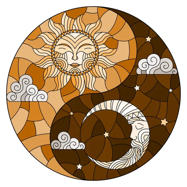 以日月为例 以阴阳符号的形式 圆的图像 色调的褐色为背景 — 图库矢量图片