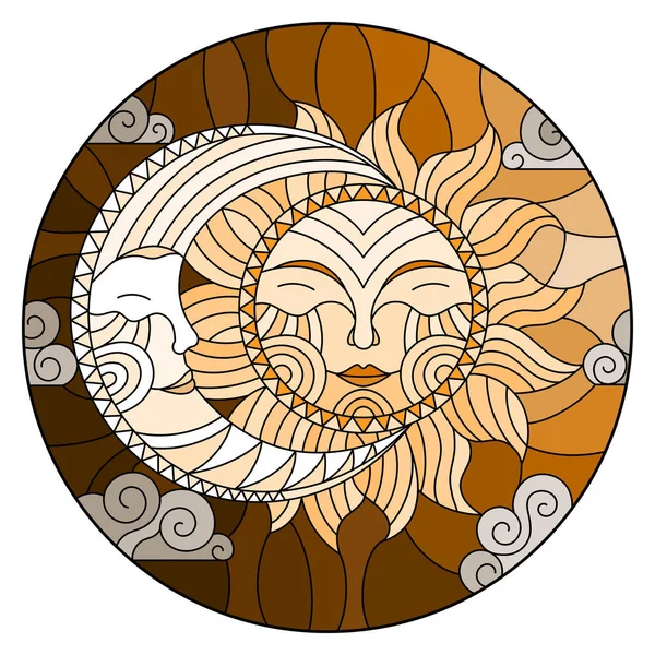 插图在彩绘玻璃样式 抽象太阳和月亮在天空 圆的图象 口气褐色 — 图库矢量图片