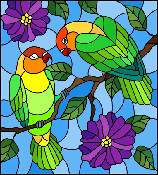 Illustration Glasmalerei Mit Vogelpaar Papageien Turteltäubchen Auf Zweig Baum Mit — Stockvektor