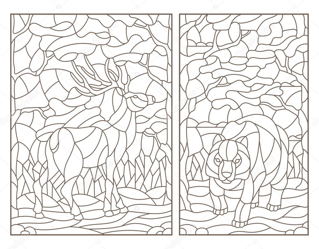 Set of contour illustrations of stained glass with a bear and deer on forest landscape background, dark outlines on white background