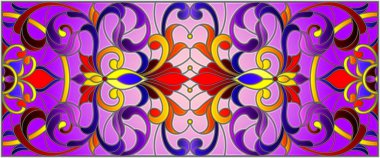 İllüstrasyon soyut swirls, vitray tarzında çiçekler ve yatay yönlendirme, mor bir arka plan bırakır