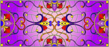 İllüstrasyon soyut swirls, vitray tarzında çiçekler ve yatay yönlendirme, mor bir arka plan bırakır