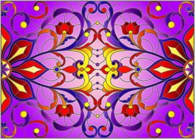 İllüstrasyon soyut swirls, vitray tarzında çiçekler ve yatay yönlendirme, mor bir arka plan bırakır