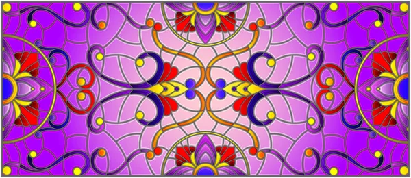İllüstrasyon soyut swirls, vitray tarzında çiçekler ve yatay yönlendirme, mor bir arka plan bırakır