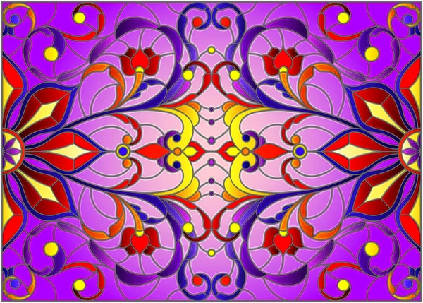 İllüstrasyon soyut swirls, vitray tarzında çiçekler ve yatay yönlendirme, mor bir arka plan bırakır